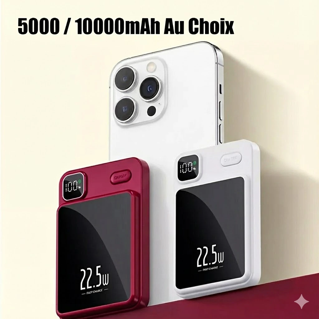Batterie Externe Magnétique 5000/10000mAh – Chargeur Sans Fil 22.5W Ultra-Rapide avec Écran LED  – Promo : 1 acheté = 1 offert